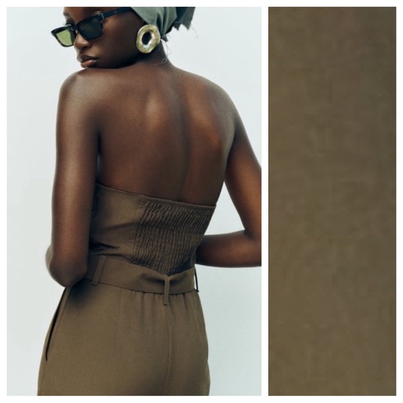 NWT. Zara Khaki Cotton Blend Strapless Cargo Belted Jumpsuit. Size M. - Picture 4 of 11